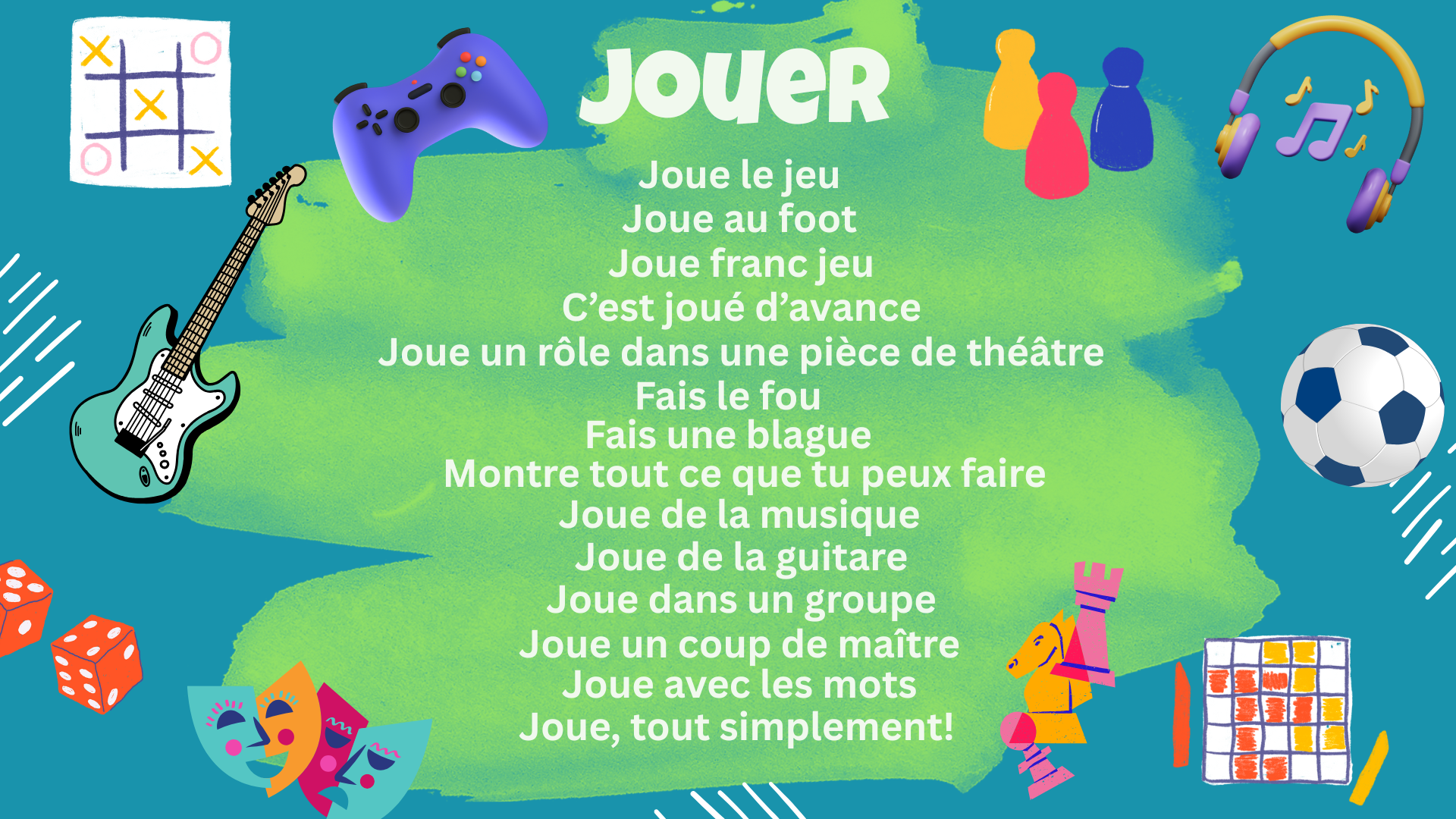French poem on the theme of play with images relating to games, musical instruments and things that you play